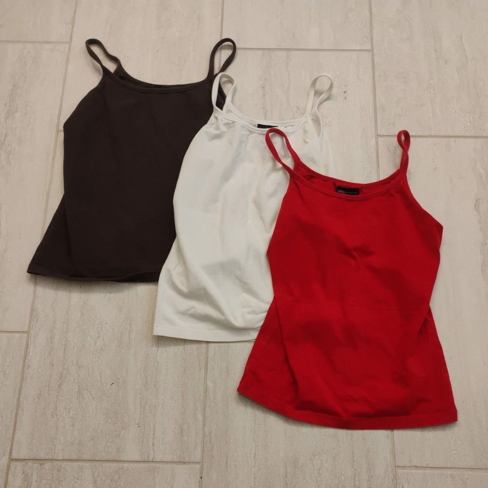 Lot of 3 Moda International Womens Cami Tank Tops Small Brown White Red Stretch